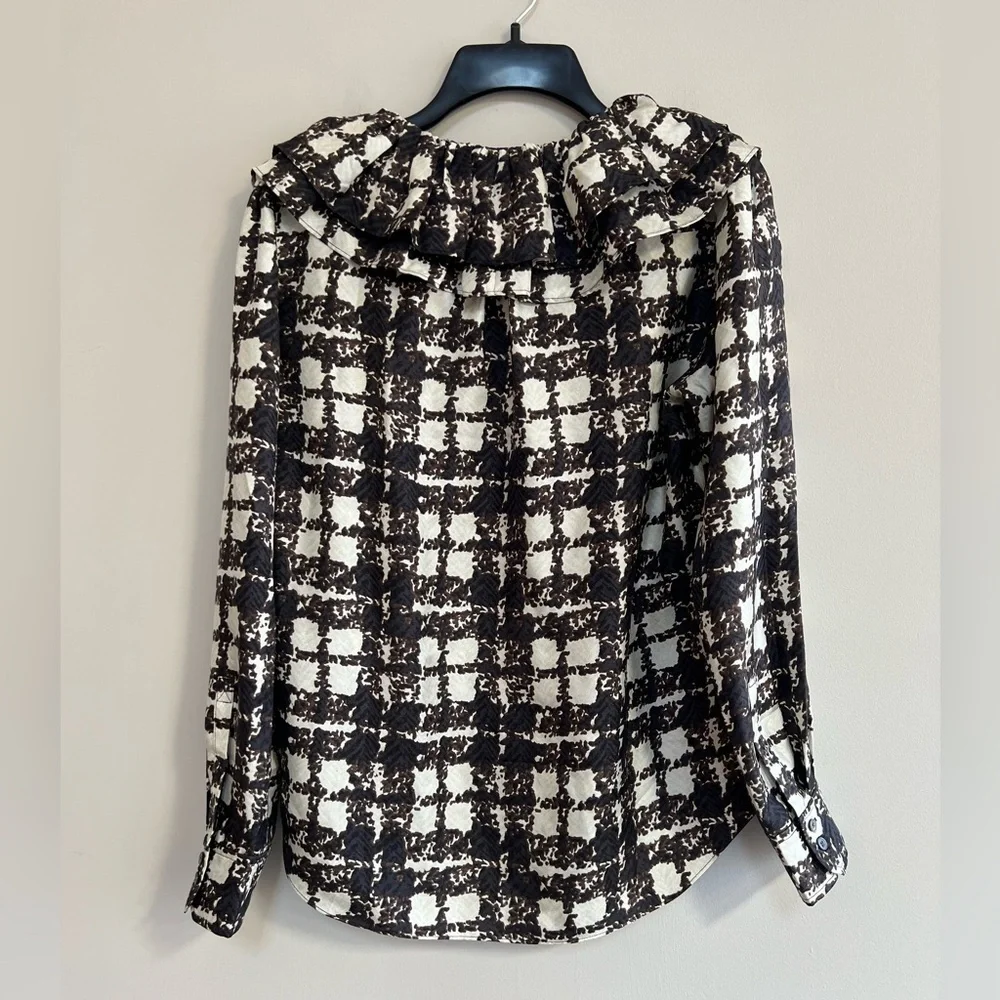J. Crew Collection Silk Twill Ruffle-Collar Top in Brown Black Ivory Plaid, S
